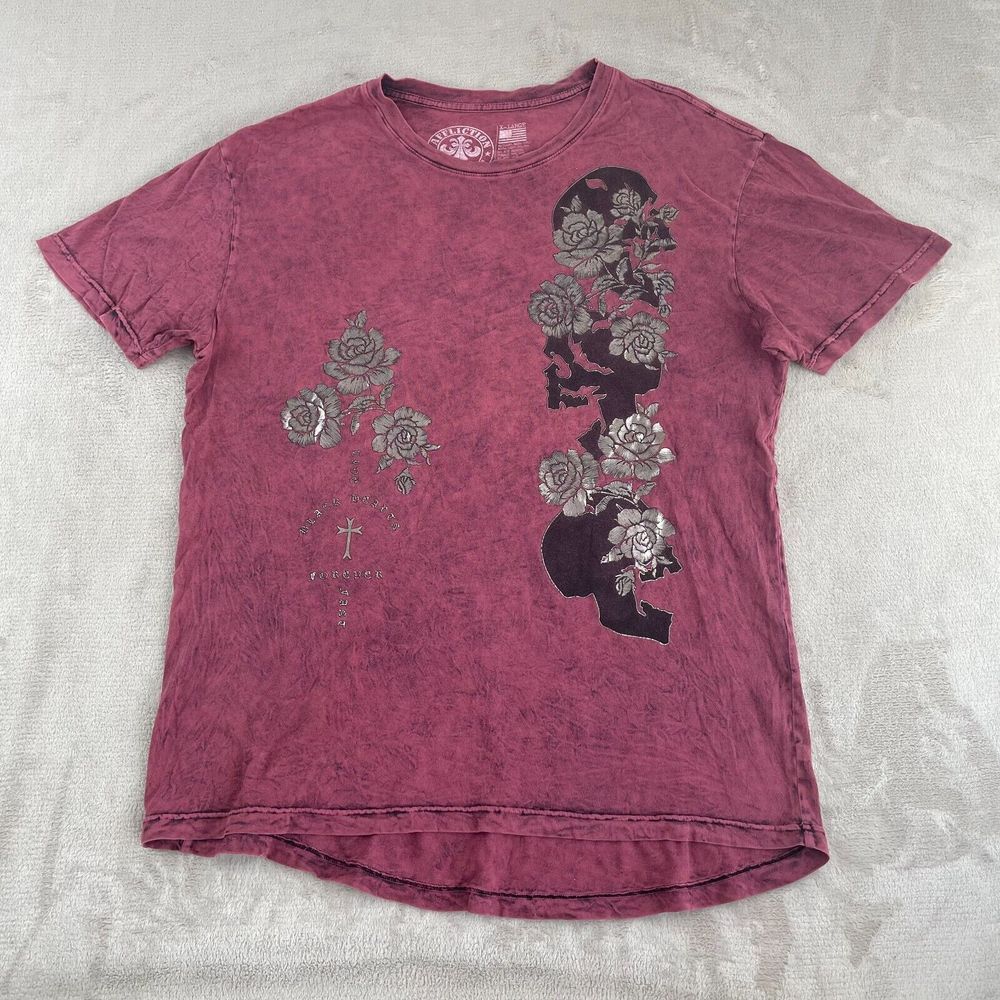 Vintage Affliction T Shirts Men XL Red Acid Wash Skulls Foil Roses Live Fast